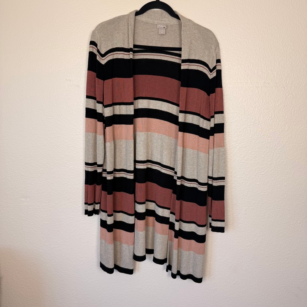 Chicos Cardigan Women XL Grey Pink Black Minimalist Stripe Open Front Longline